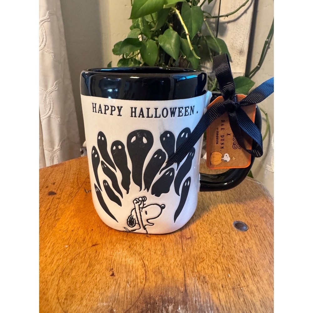 Rae Dunn HAPPY HALLOWEEN Snoopy mug w/ black ghosts